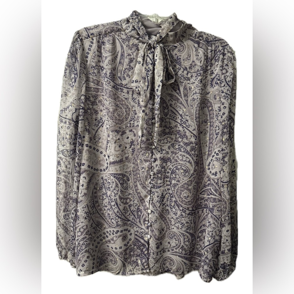 Ann Taylor Purple and Gold Paisley Bow Blouse